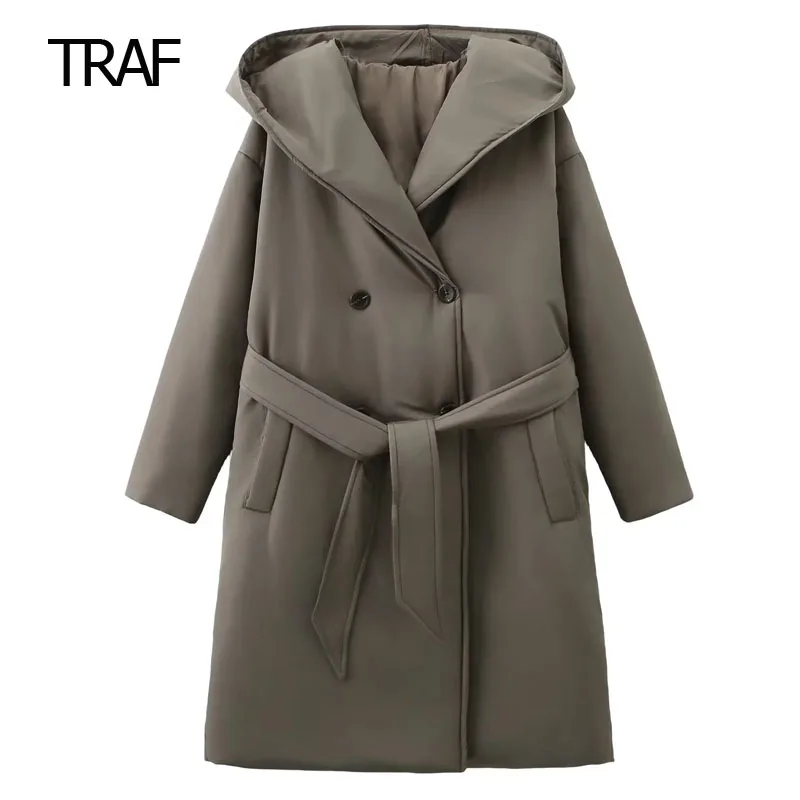 

TRAF Puffer Hooded Jacket Women's Down Jacket Demi-Season Long Sleeve Top Warm Quilted Jacket Elegant Women's Winter Coat Modern