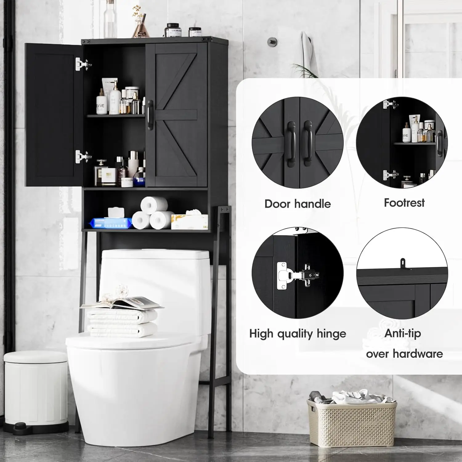 2-Door Over Toilet Storage Cabinet with Anti-Tip Device, Bathroom Organizer Shelves in Black