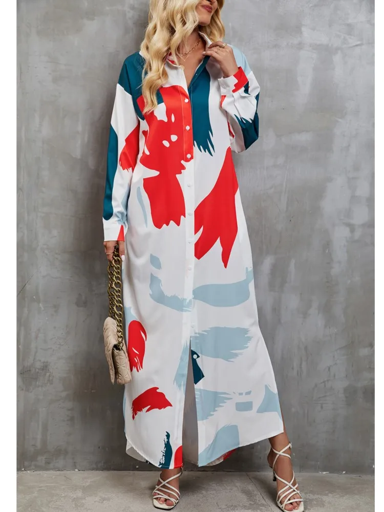 

Elegant Print Dress Women Casual Loose Single Breasted Bohemian Long Dresses Autumn 2023 Turndown Collar Long Sleeve Vestidos