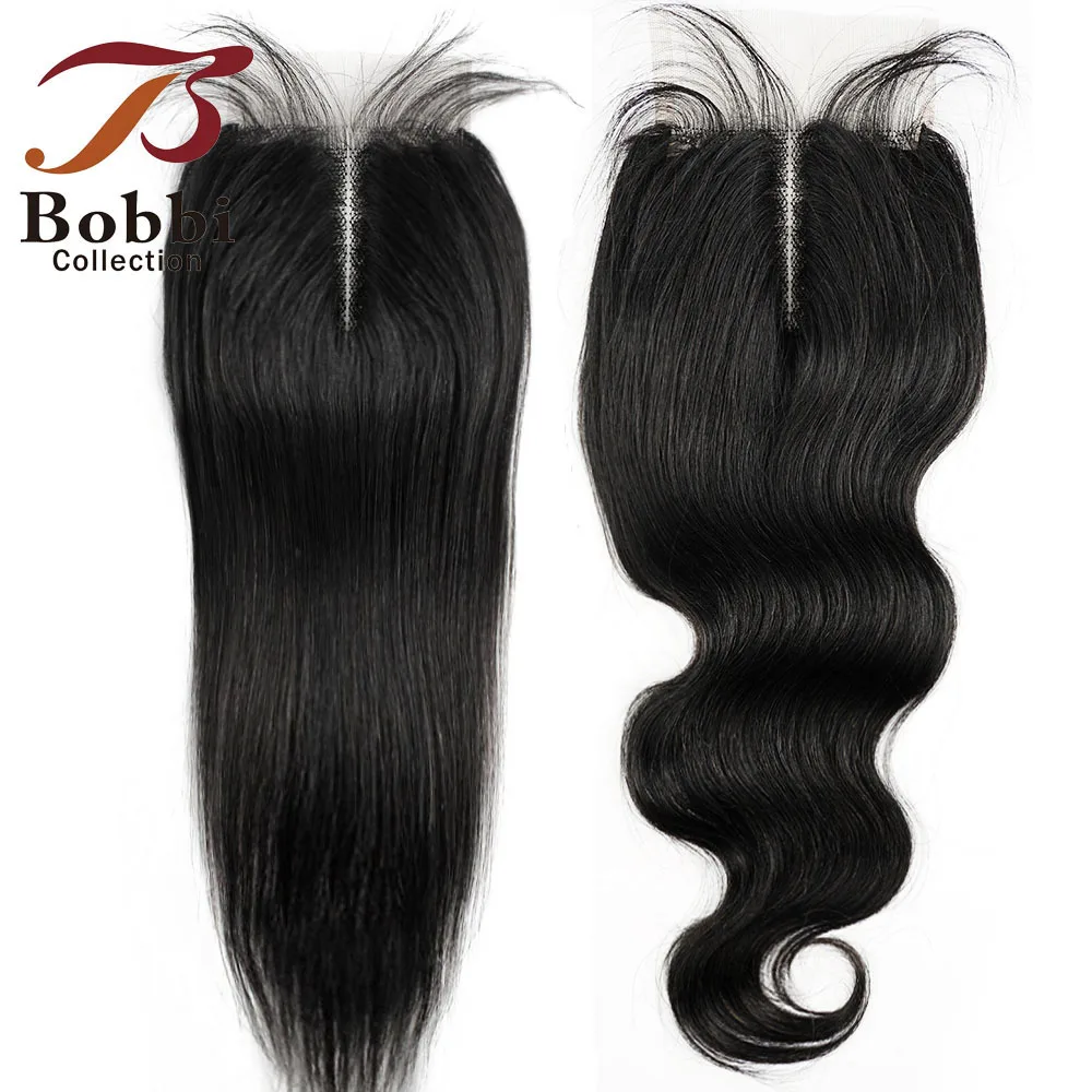 Straight Human Hair 3 Bundles with Closure Middle Part 4x4 T Transparent Lace Black 60g/pc Remy Human Hair Extension