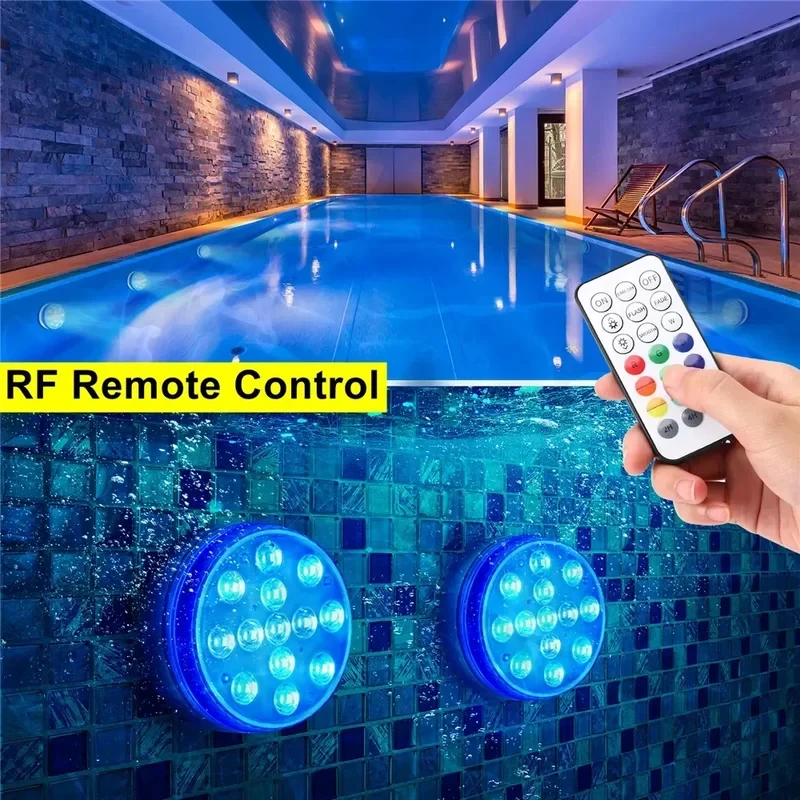공장 재고 7CM 수중 LED 수영장 조명, 배터리 작동, RF 리모컨 16색, 4개 자석 및 4개 흡착판 포함