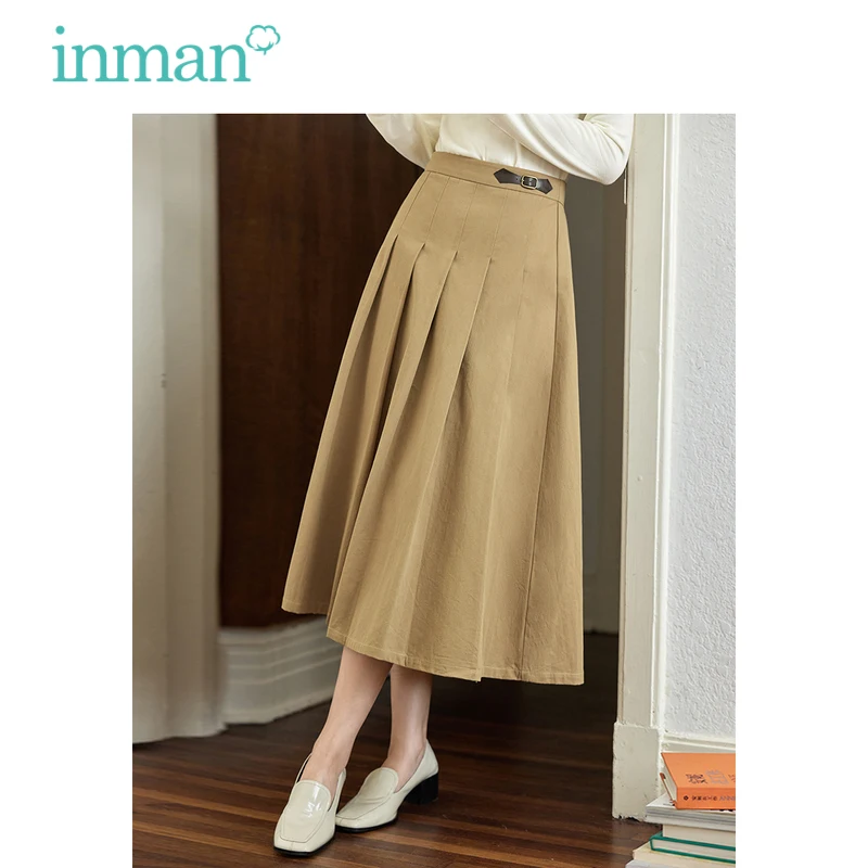 INMAN Women Skirt 2023 Autumn Leather Buckle High Waist A-shaped Loose Pleated Design French Commuting Brown Khaki Skirt men pin buckle luxury brand khaki genuine leather designer belts high quality full grain leather young men jeans ceinture homme