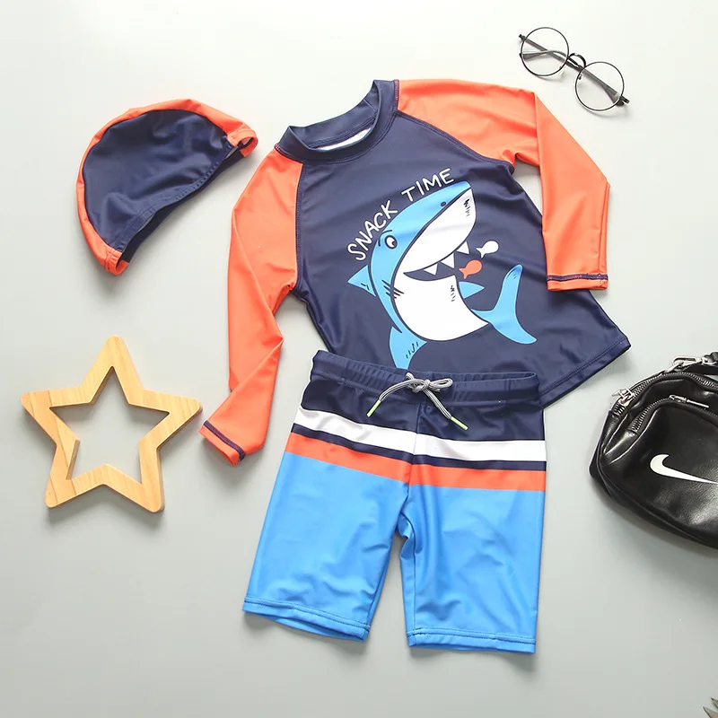 

2023 Cartoon Baby Boy Swimsuit Sport Beach Children Swimwear 3 PCS Shorts Top Cap Kids Bathing Clothes Outdoor Surf Suit