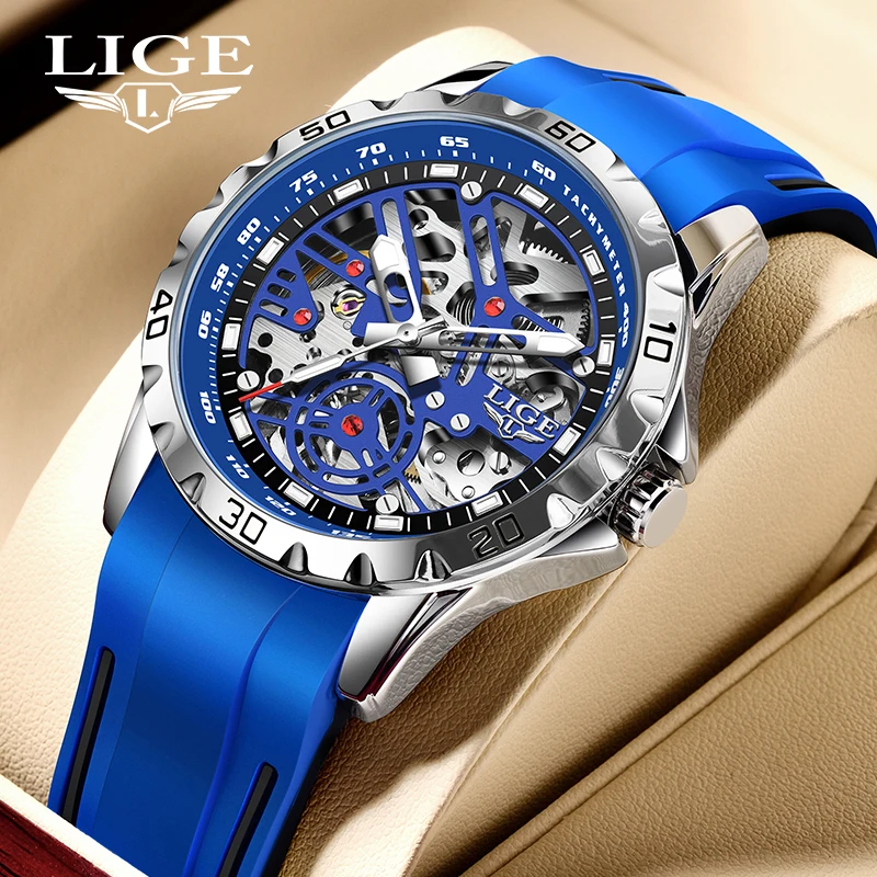 

LIGE Mechanical Man Watch Top Brand Luxury Hollow Tourbillon Automatic Movement Fashion Silicone Strap Luminous Waterproof Clock