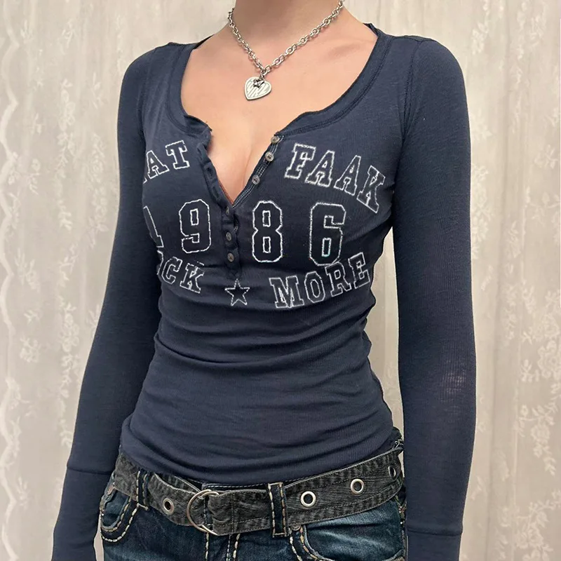 

American V-neck Breast Splice Digital Printing Slim Fit Long Sleeve Casual T-shirt Female Underlay 2023 Autumn Women Tshirts