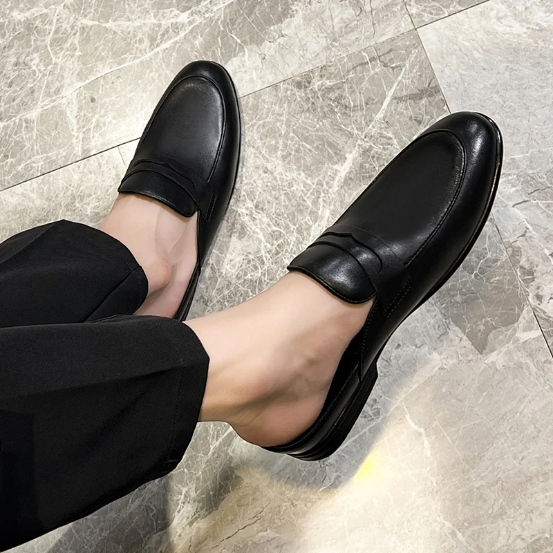 Luxury Designer Mens Half Drag Shoes For Men Casual Leather Fashion Half Shoes Mules Man Slides Loafers Slippers Male Summer 5
