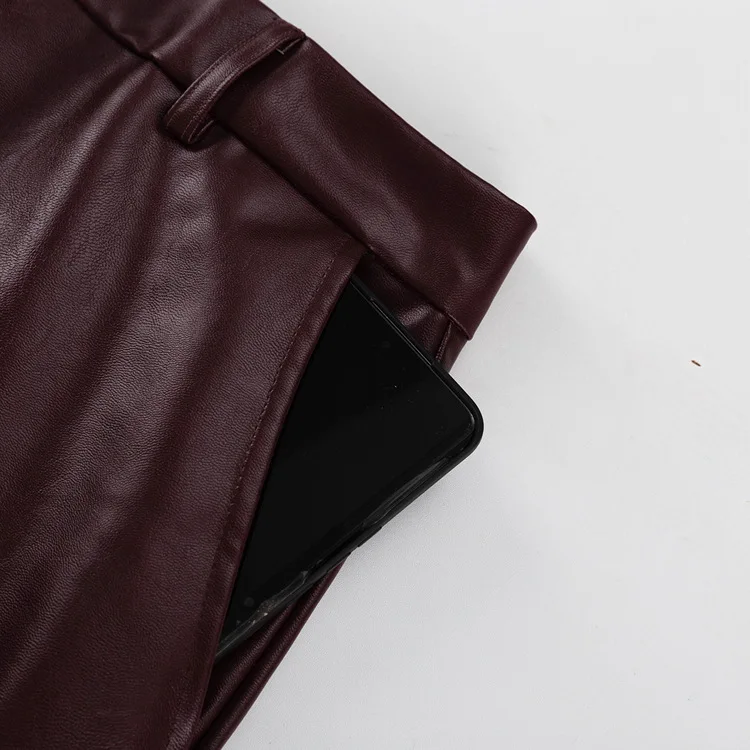 Vintage PU 2 Piece-Set Trousers Female Lace-Up Pocket Fashion Outwear Streetwear Autumn Patchwork Women's Pants Sets