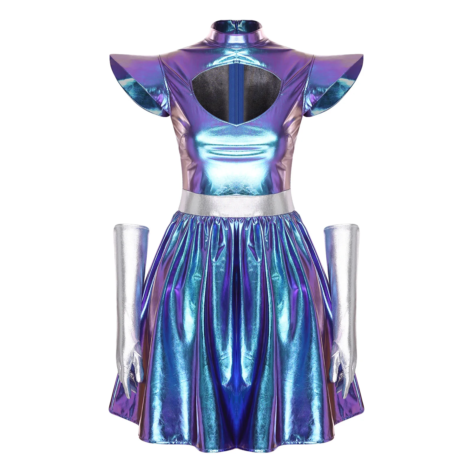 Women's Metallic Astronaut Cosplay Dress with Gloves and Structured Shoulders