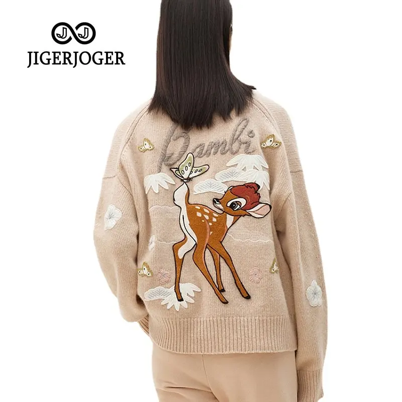 

Winter Cartoon Deer Slouchy Sweater Women's Embroidery Cardigan Loose Wool Knit Coat Sweater Mujer High Quality