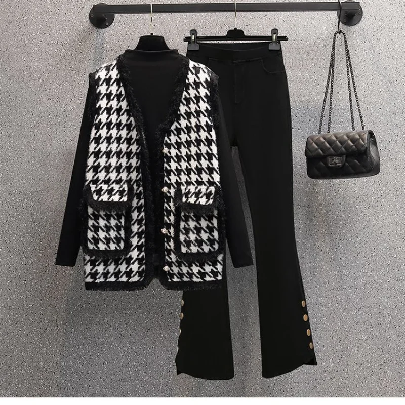 Women's Spring Autumn New Plaid Vest Coat Slim Fit Bottom Coat Age Reducing High Waist Micro Ragged Pants Three Piece Suit yvonne y15d usb3 0 high speed telescopic 64gb usb type c micro usb three ports otg flash drive for mobile phone pc laptop green