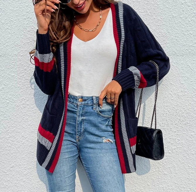 

2023 New Fashion Autumn Daily Vocation Casual Temperament Commuting Elegant Mid Length Striped Pocket Knit Cardigan for Women