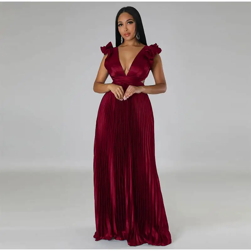 Women Solid Backless Elegant Long Dresses V-neck Pleated A-line Sexy Frock 2023 Spring Summer Evening Party Casual Style Dress