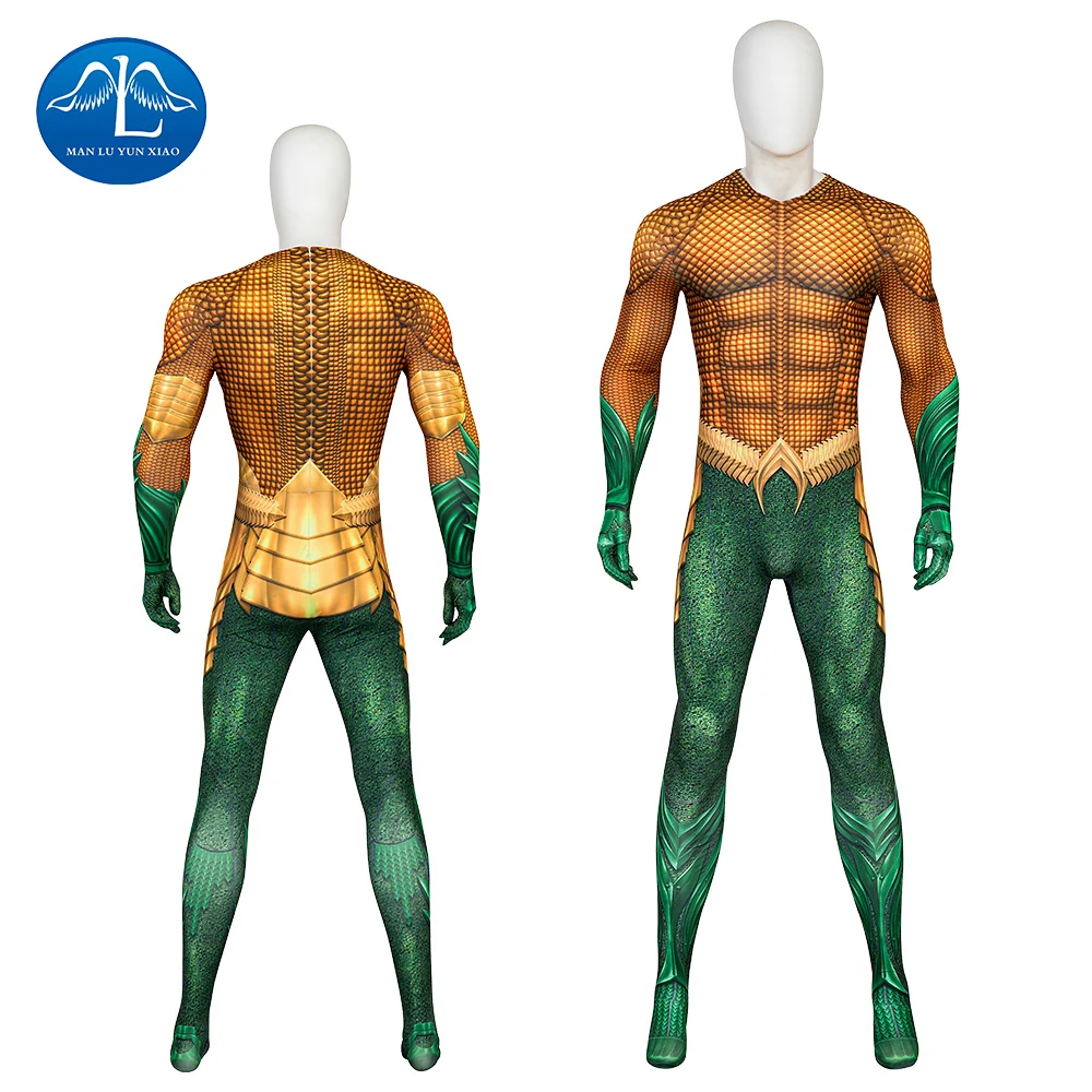 

Aquaman2 Cosplay Costume Arthur Curry Cosplay Zentai Bodysuit Set Gold Battle Suit Superhero Jumpsuit Man Halloween Party Outfit