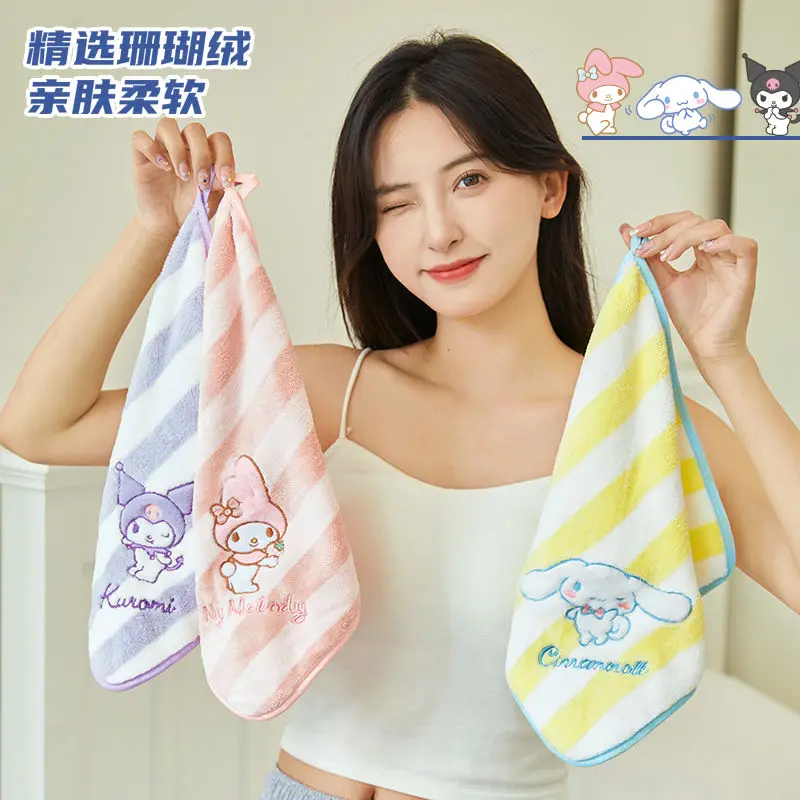 

New Cute Sanrio Cinnamoroll Kuromi Plush Hand Towel Cartoon Square Towel Household Kitchen Bathroom Children Absorbent Towel
