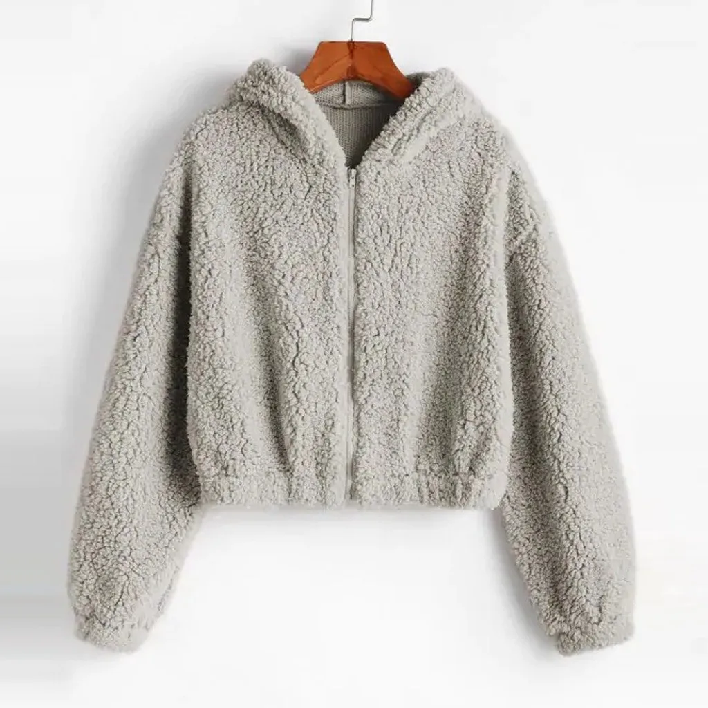 Plus Size Zipper Long Sleeve Female Fashion Solid Color Sweatershirt Fluffy Plush Hoodie Tops Women Winter Hoodies Sweatshirts