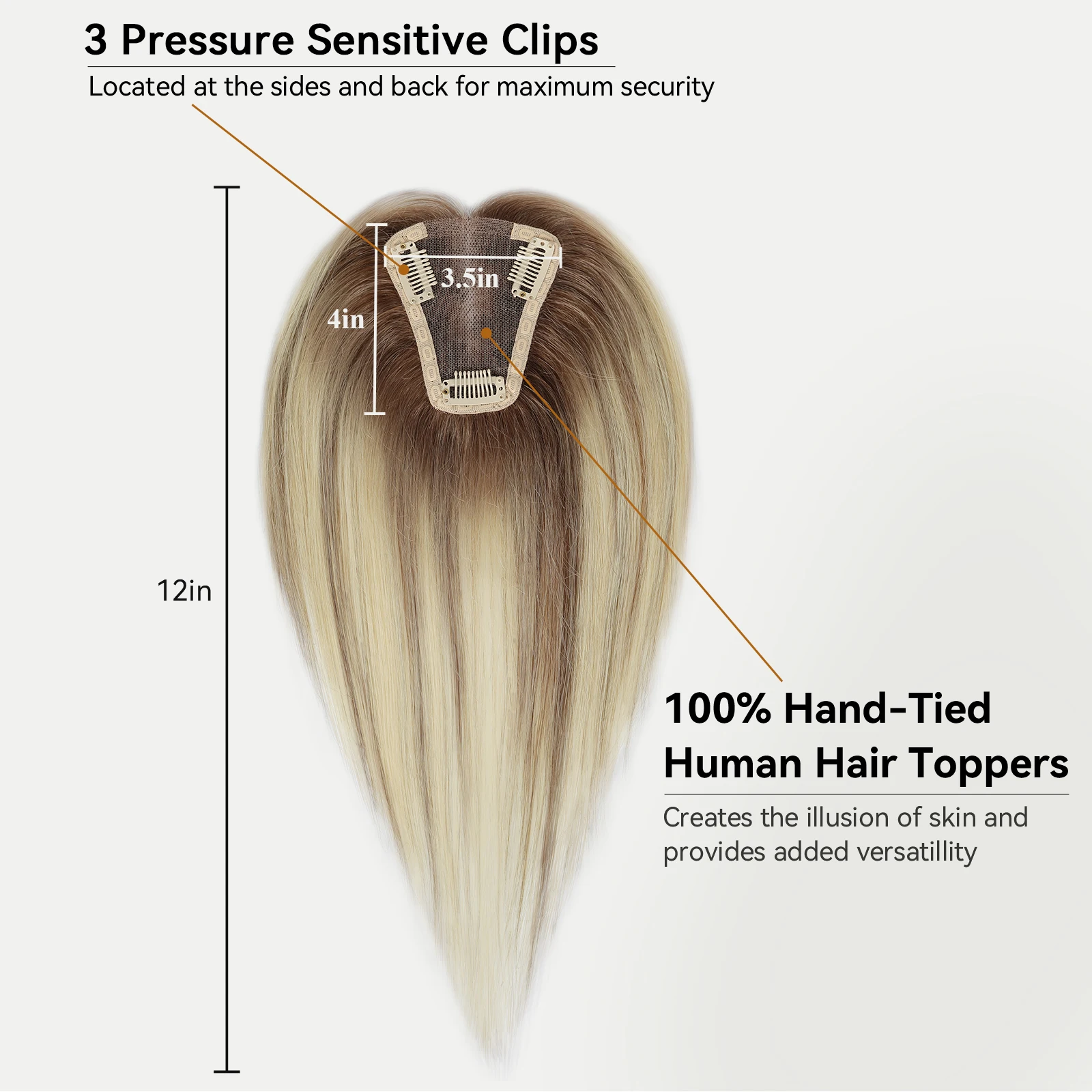 100% Remy Human Hair Toppers Ombre Light Brown Blonde Middle Part Human Hair Pieces for Women with Thinning Clip in Toppers