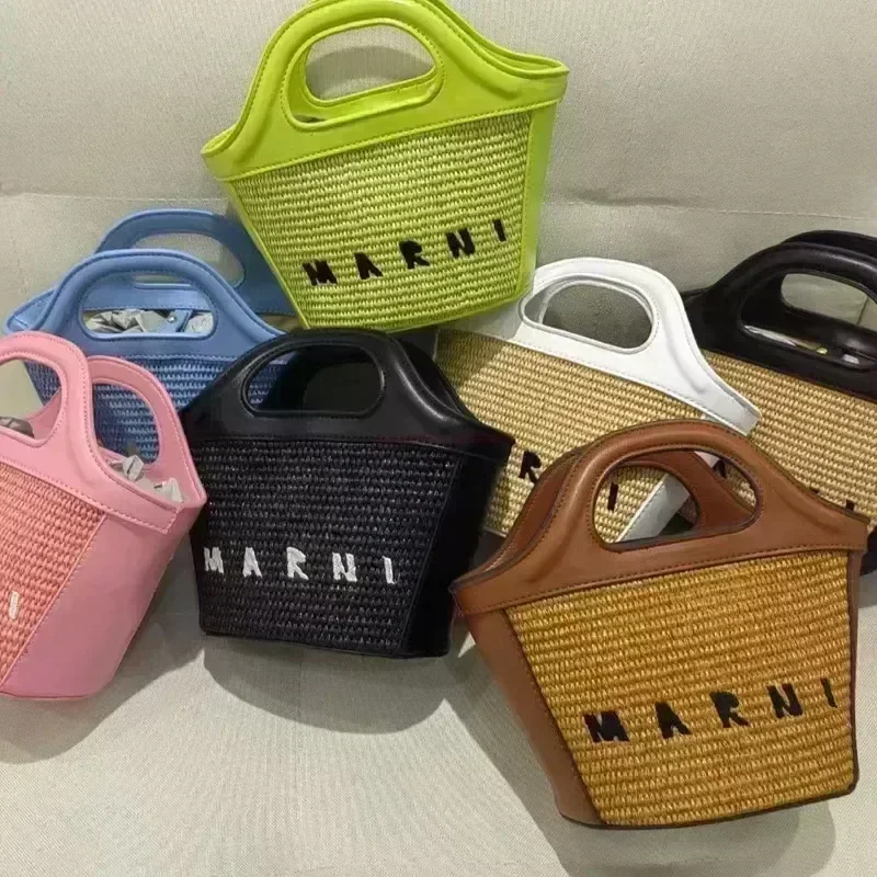 

New Summer Classic Woven Vegetable Basket Handbag Straw Bag Shoulder Bag Shopping Leather Woven Beach Straw Woven Girls Handhe