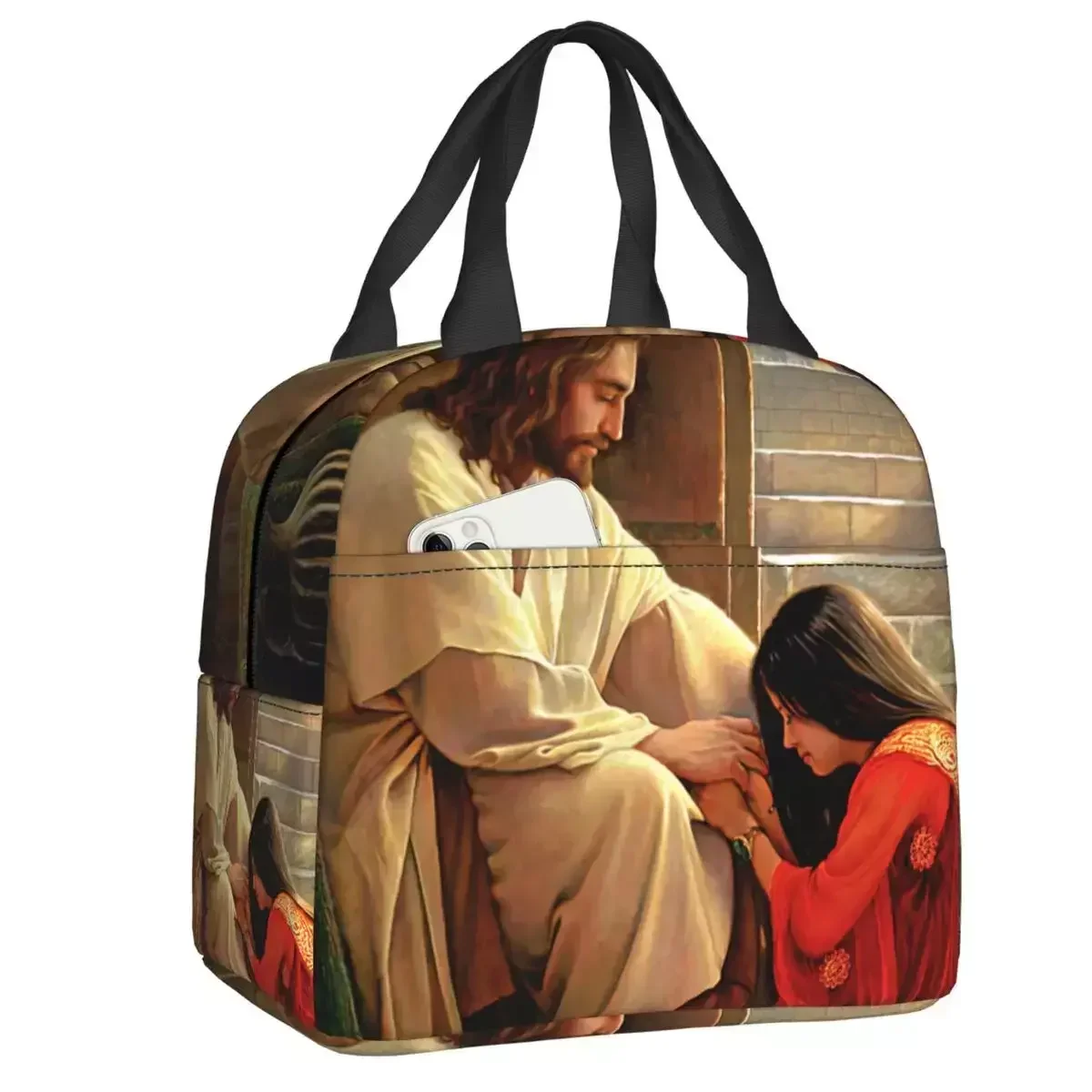 

Jesus And Mary Magdalene Portable Lunch Boxes Women Waterproof Religious Christian Divine Mercy Thermal Food Insulated Lunch Bag