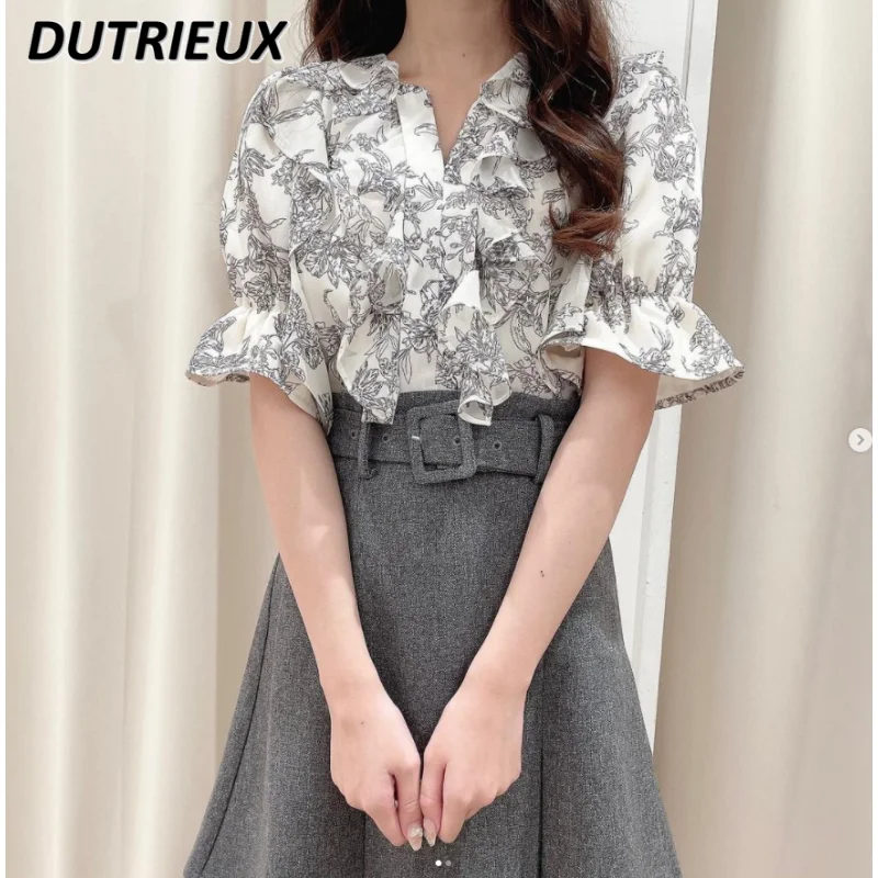 

Spring Summer Top for Lady Floral Bell Sleeve Shirt Ruffle Chiffon Shirt Sweet Short Sleeve Top Japanese Style Women's Blouse