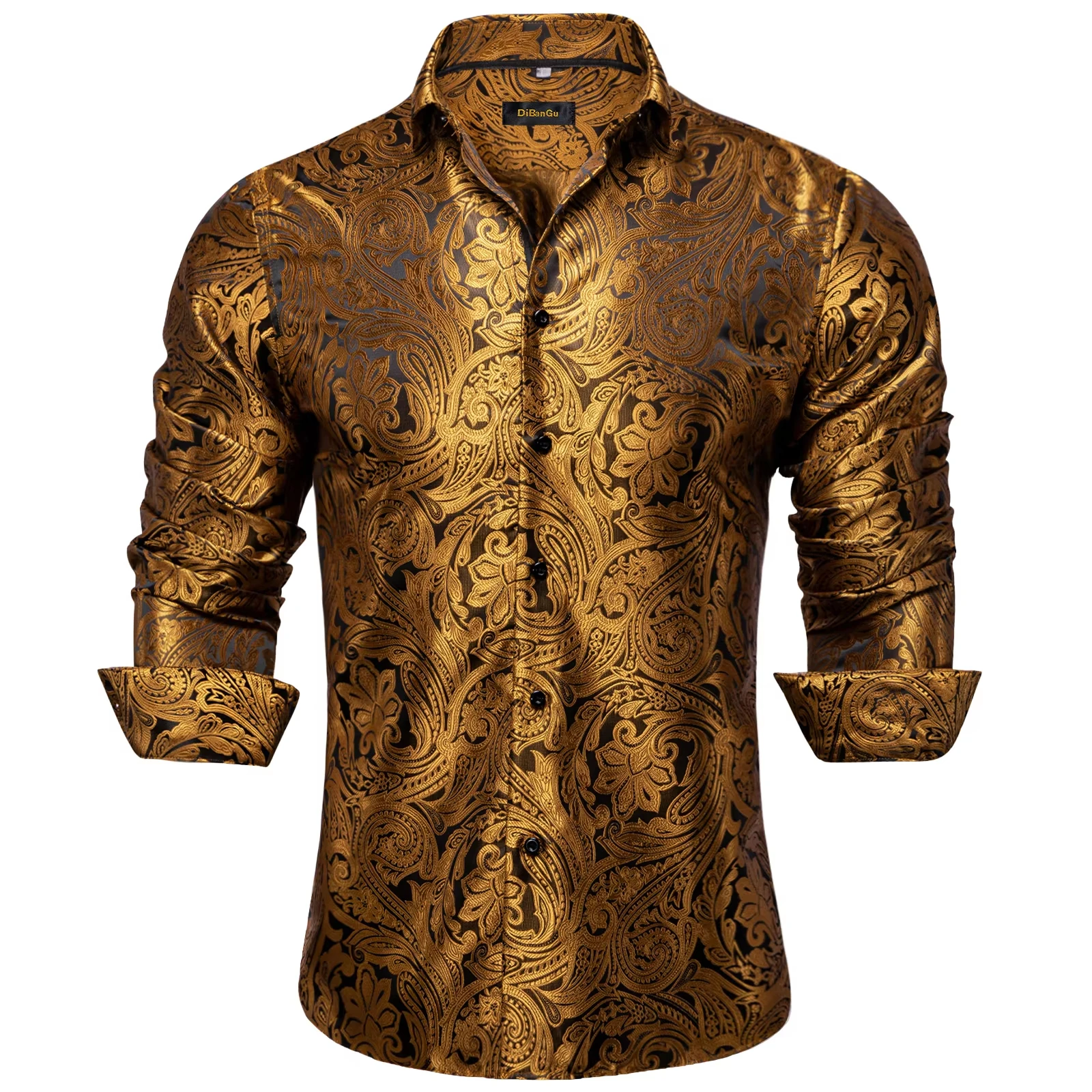 Luxury Men's Formal Dress Shirt Prom Tuxedo Long Sleeve Golden Paisley Print Black Polyester Evening Wear Top