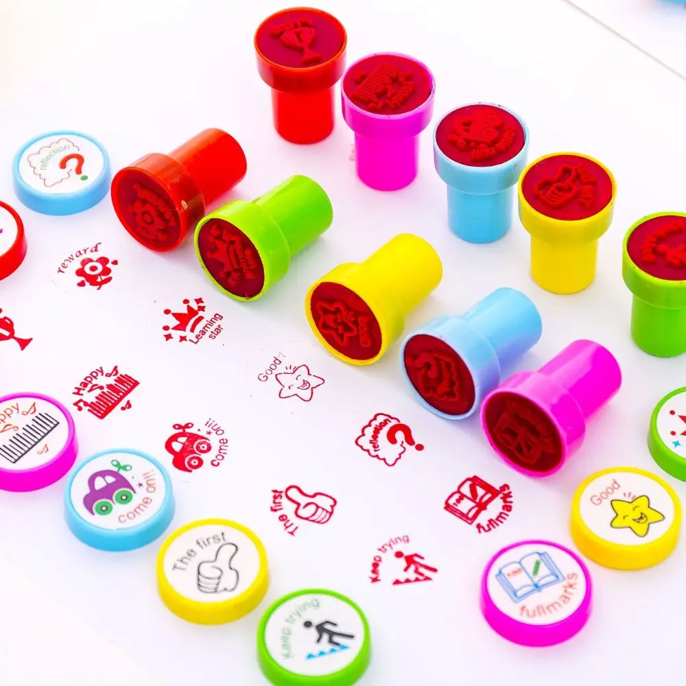 

10pcs/set Kawaii Cartoon Stamps Self Ink Press Reward Stamps Kids Encourage Seal DIY Inkpad Art Crafts Korean Stationery Office