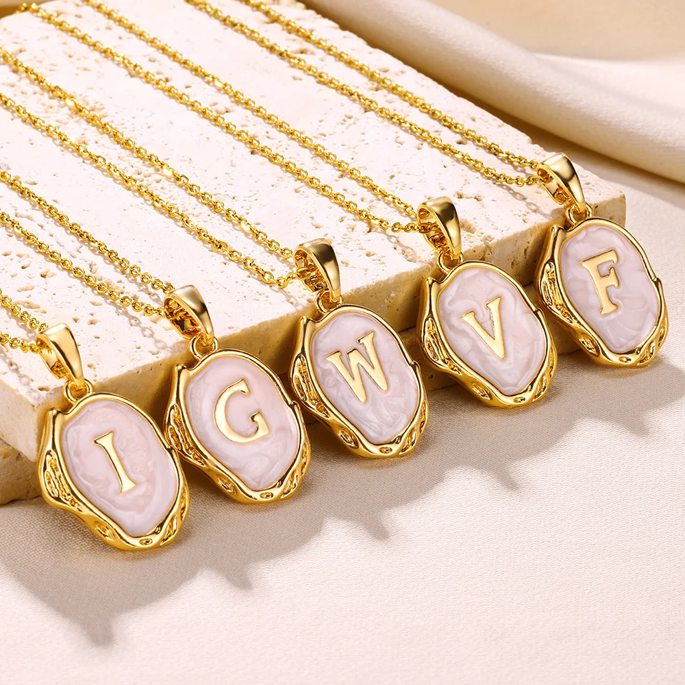 Women Jewelry Initial A-Z Letters Pendant Necklace Vintage Oil Dripping Shell