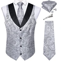 Suit Vest Set For Men Wedding Luxury Gray Paisley Dress Vests Necktie Clip Cufflinks Handkerchief Male Sleeveless Waistcoat Gift 1