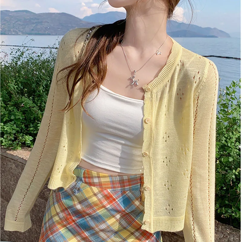GreyKnittedCardiganThinTopsWomenSummerHollowOutLongSleeveButtonSunProtectedKoreanStyleShortKnitwearTopsFemale-AliExpress