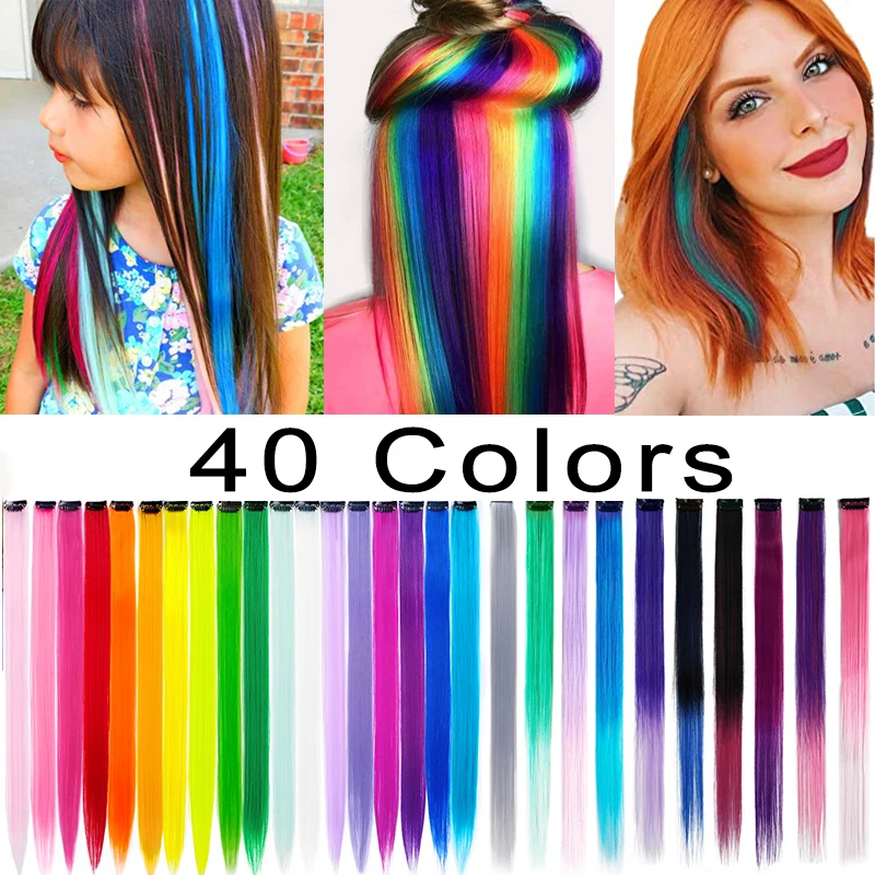 40 Packs Synthetic Colored Clip In One Piece Straight Colorful Rainbow Hair Extensions 22 Inch Hairpieces Highlights For Girls