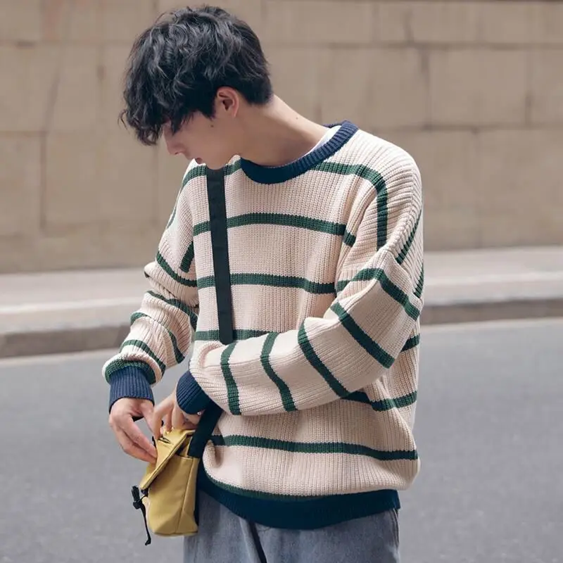 Autumn Winter High-End Classic Striped Jacquard Men's Sweater Round Neck Luxury Pullovers Warm Knit Clothing  Male D157