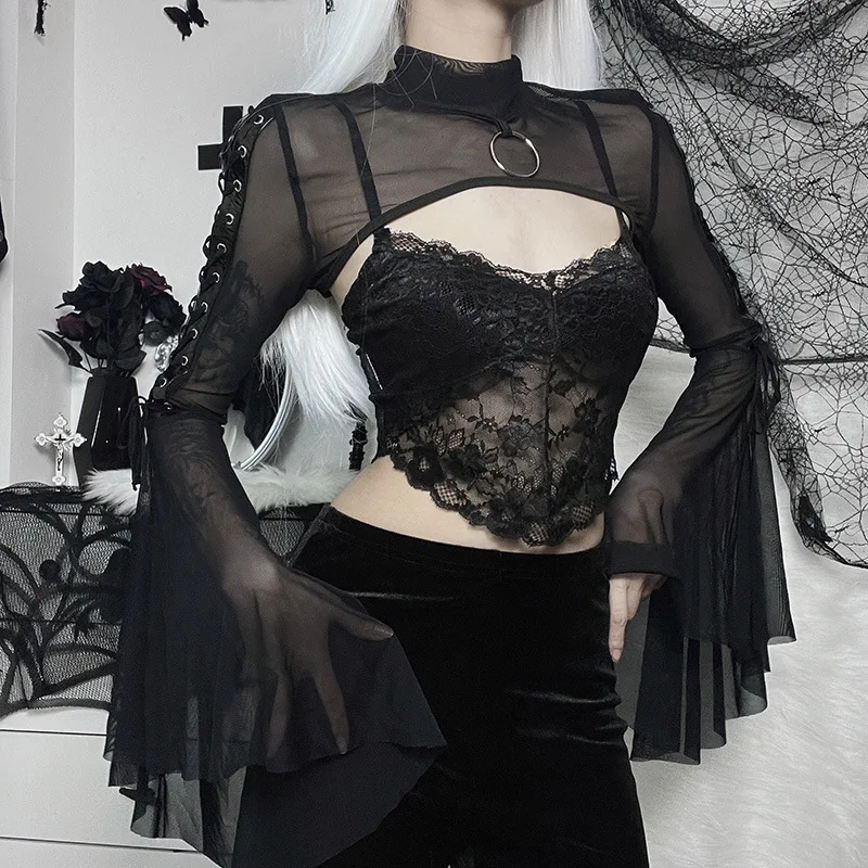 

Женская кружевная шаль Goth Fashion, однотонный пуловер с длинным Расклешенным рукавом и круглым вырезом, сексуальная шаль в готическом стиле на осень