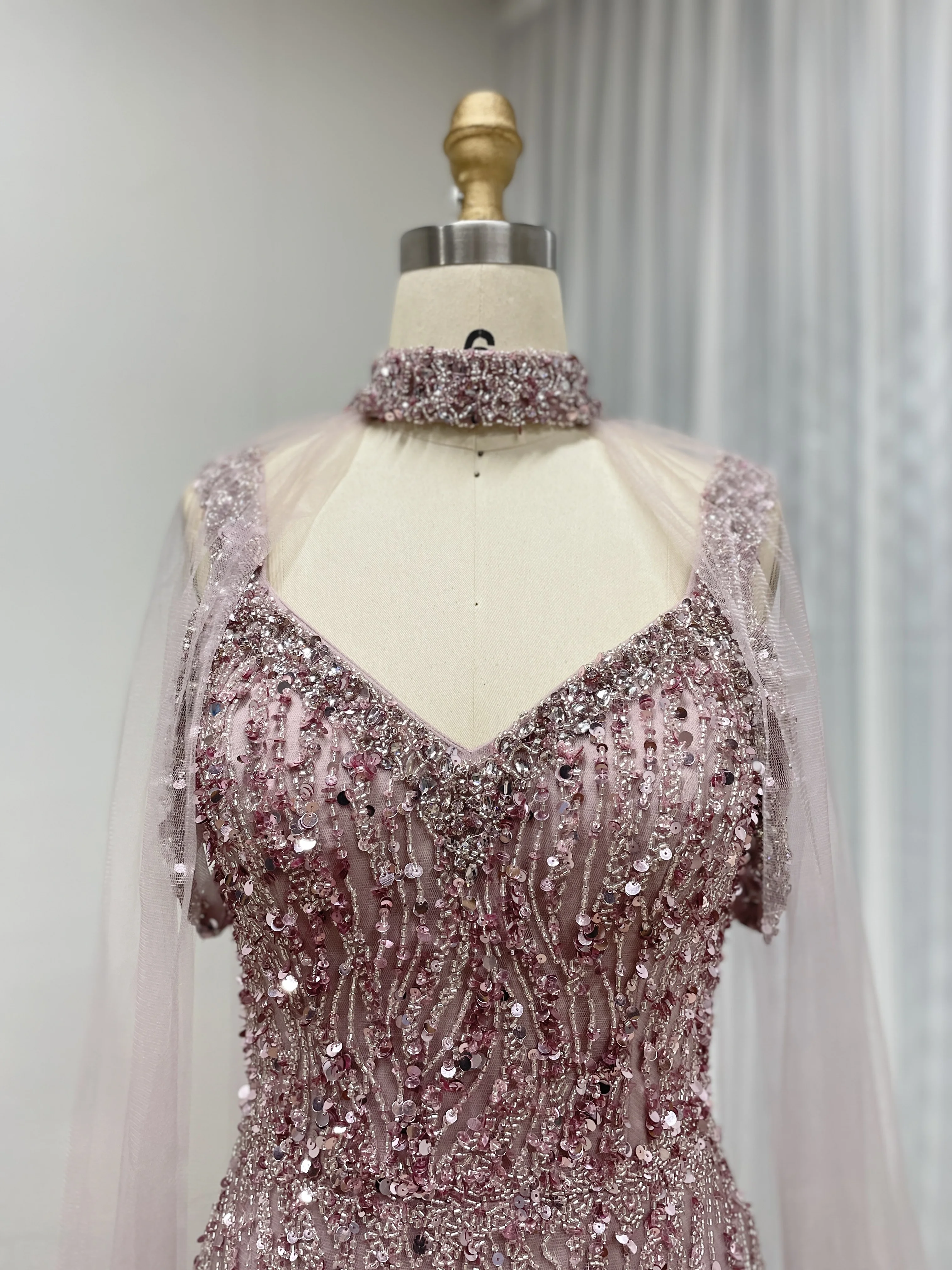 MYMB Luxus Karamell Meerjungfrau Abendkleid Perlen Kleid mit Cape Ärmeln für Frauen Elegante Hochzeit Formale Party neue MB40395 – Detail 10