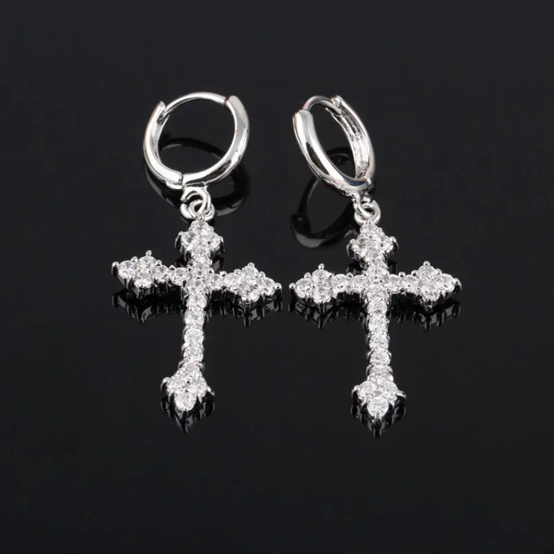 Korean Zircon Crystal Cross Women Drop Earrings for Gothic Punk Hip Hop Party