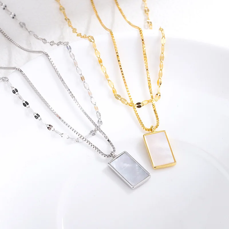 

S925 Sterling Silver Small Square Shell Necklace Women's Double layered Clavicle Chain Necklace Ornament Valentine's Day