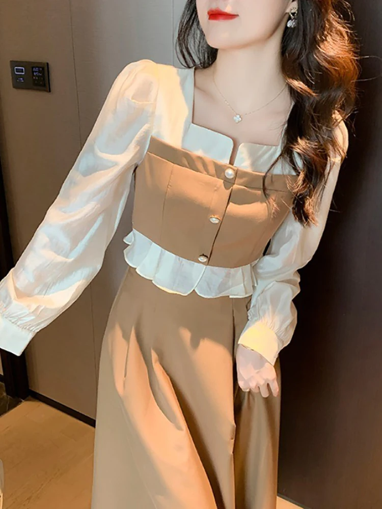 

Модная женская рубашка с квадратным вырезом, винтажная блузка, топ А-силуэта, черная юбка с высокой талией, комплекты из 2 предметов