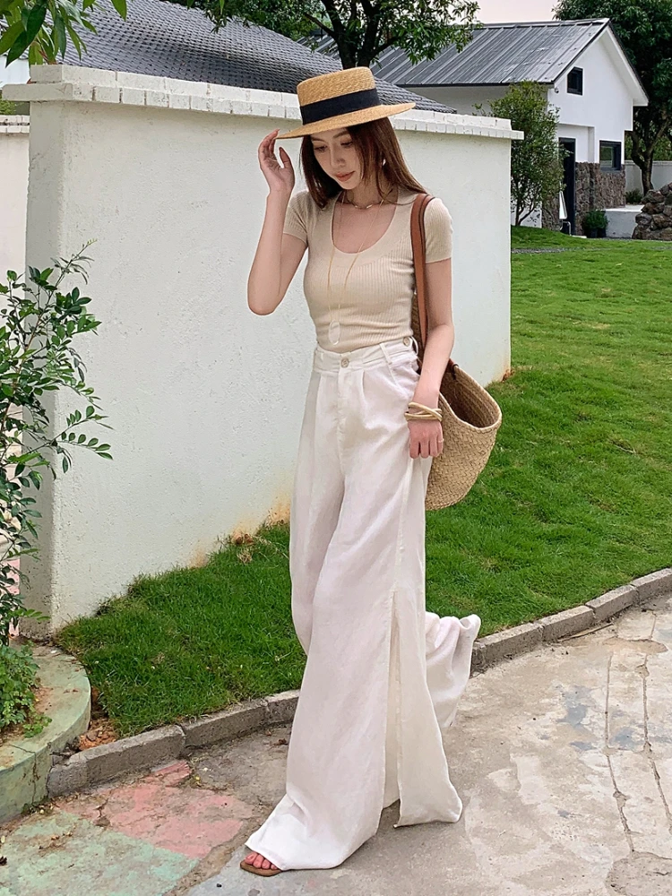 ADAgirl Elegant Wide Leg Pants Women High Waisted Side Split Floor Length Trousers Vintage Summer Casual Fashion Baggy Pants New