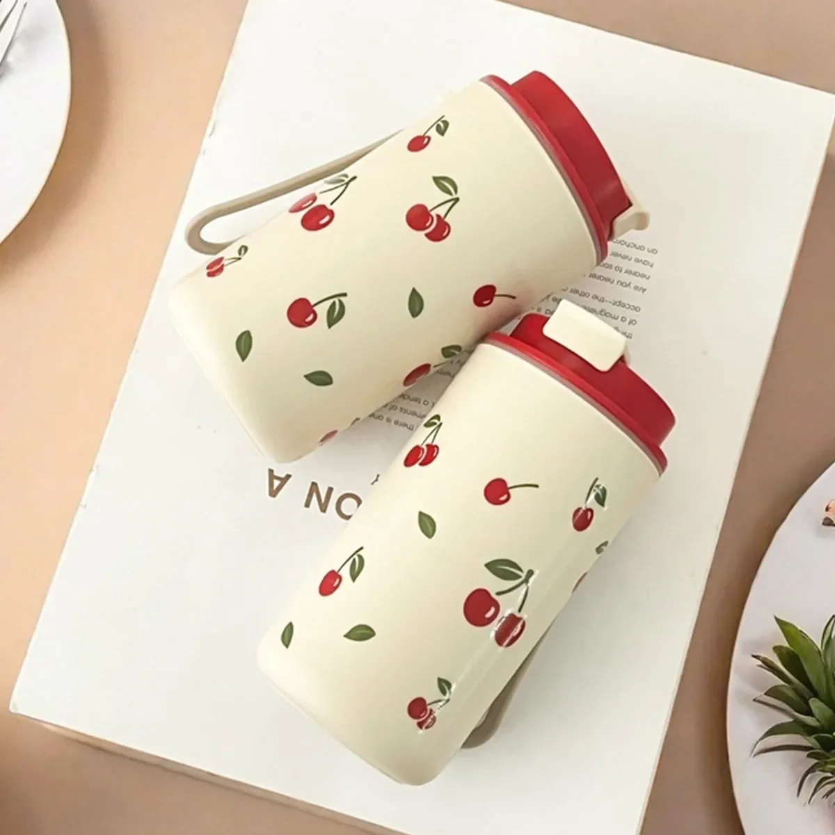 Cherry Pattern Reusable Water Bottle with Rope Handle - 350/400ml Capacity
