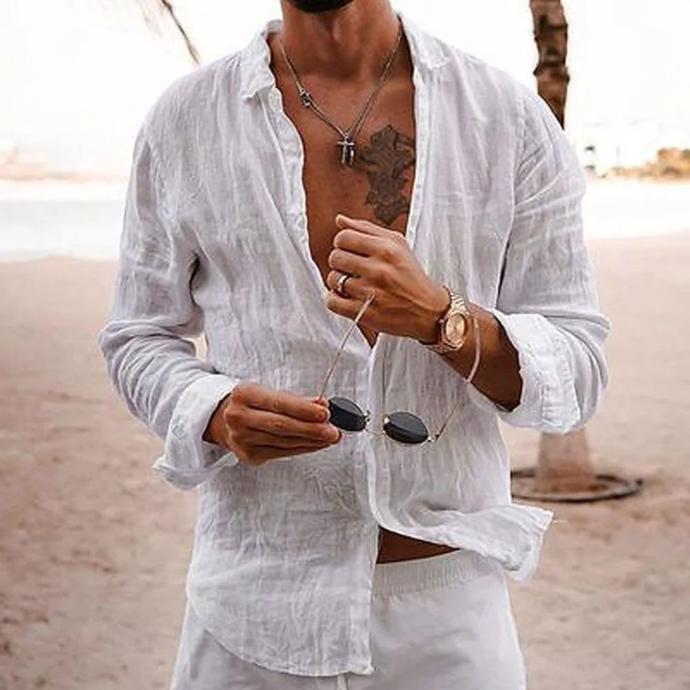 

Mens Casual Cotton Blend Shirt Long Sleeve Loose Blouse Button Down Shirts Tops