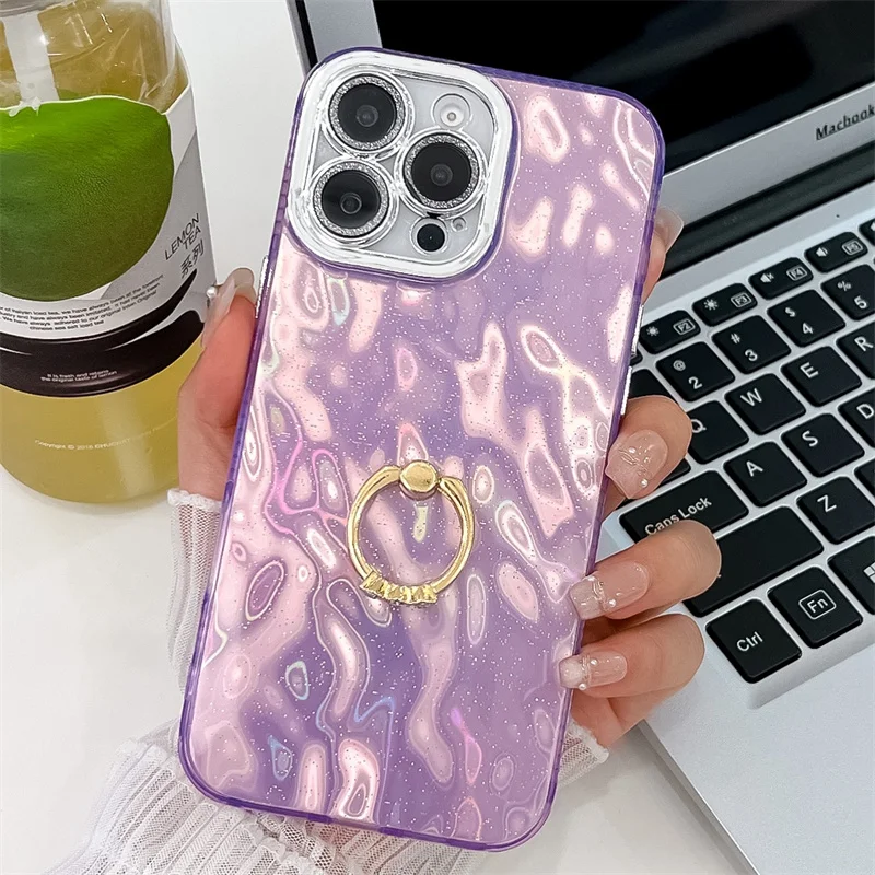 Étui de téléphone pliable avec anneau en aluminium pour iPhone 16 Plus 15 14 13 Pro Max, protection de caméra à paillettes, coque arrière rigide antichoc en PC_voghion.com