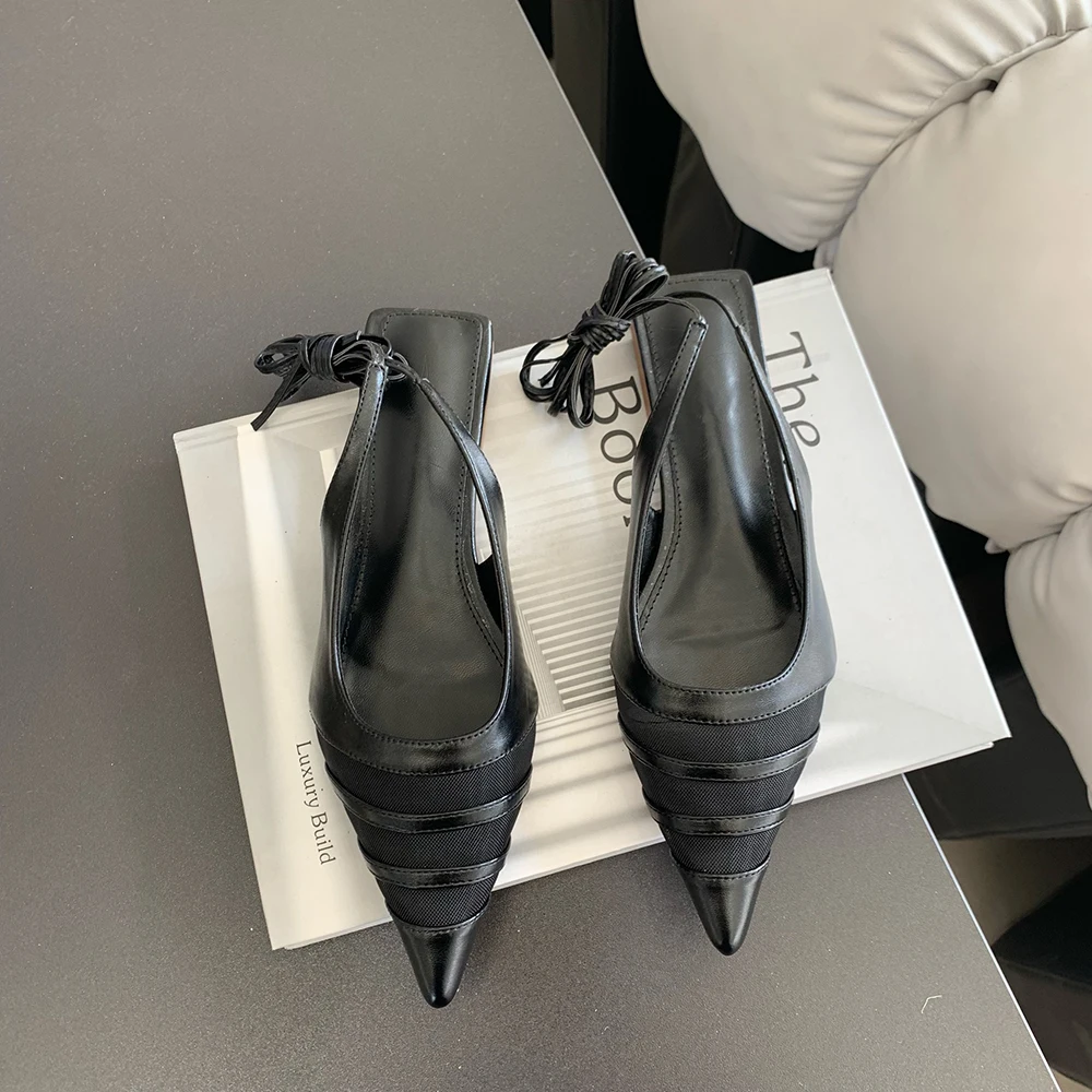 Pointed Toe Women Sandals Flat Heels Ankle Strap Lace Up Black
