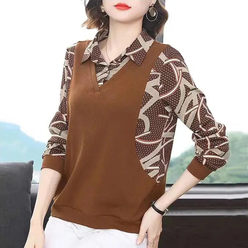 Spring Autumn Fake Two Pieces Blouse Vintage Long Sleeve Printed Women's Clothing Commute Lapel Button Stylish Patchwork Shirt