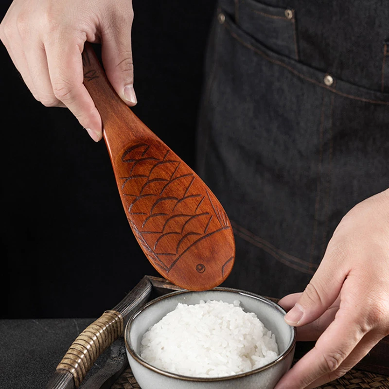 Retro Japanese Creative Fish Shape Wooden Rice Spoon Scoop Non-stick Kitchen Cooking Utensils wooden cooking spoon cooking scoop