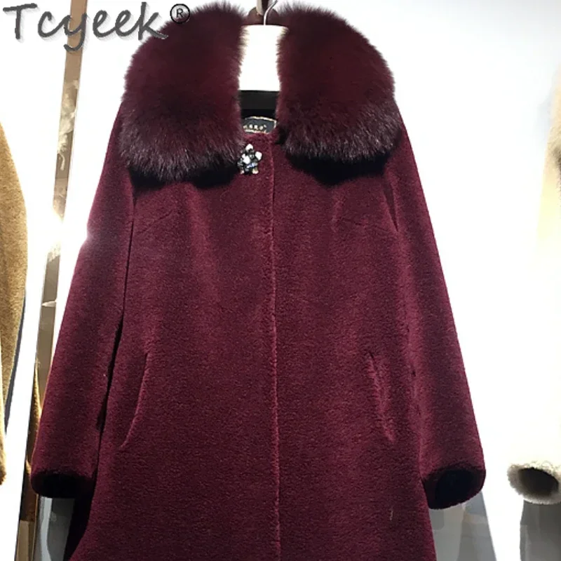 

Tcyeek Wool Fur Coat Women Winter Clothes Elegent Office Lady Jacket Real Fox Fur Collar Mid-length Coat Warm Fur Coats Jacket