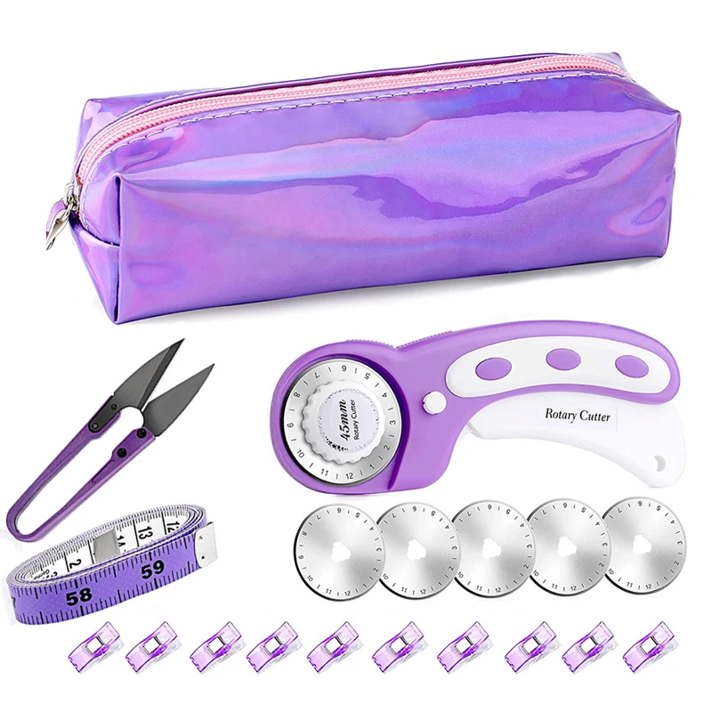 Rotary Cutter Set 45mm Purple Fabric Cutter with 5Pcs Replacement Blades Sewing Clips Tape Measure Scissors for Sewing