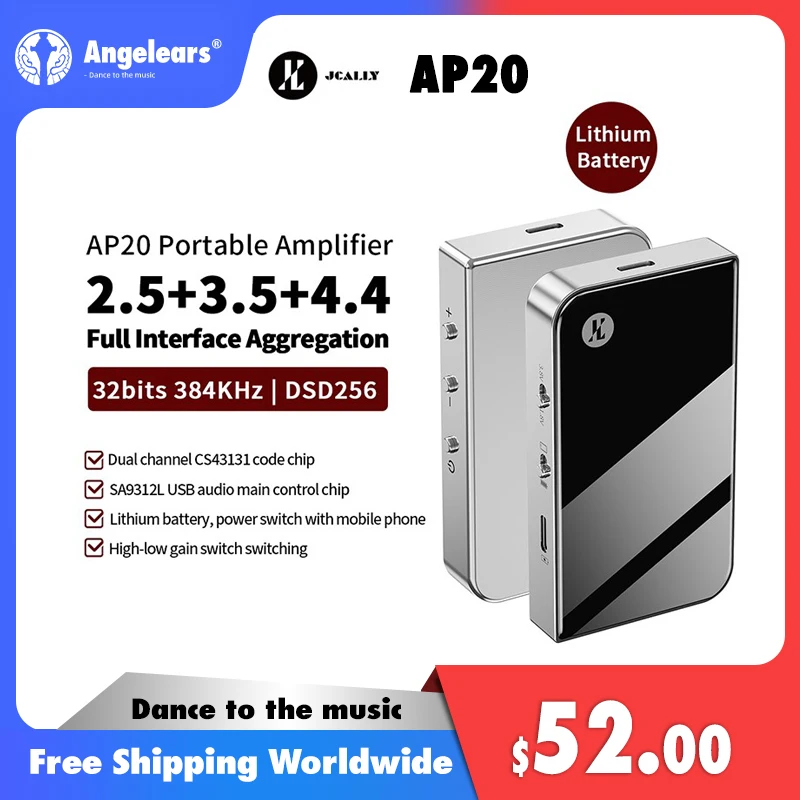 

JCALLY AP20 Protable Amplifier Dual DAC Chip 2.5/3.5/4.4 Built-in Lithium Battery Portable DAC & Amp PCM 32bits 384KHz DSD256
