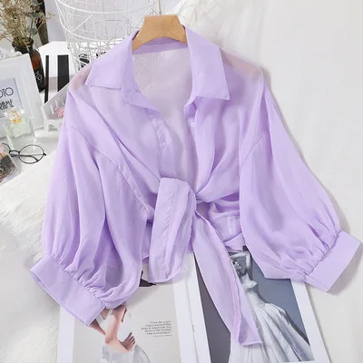 New 2023 Summer Half Sleeve Buttoned Up Shirt Loose Casual Blouse Chiffon Shirts Women Tied Waist Elegant Blouses for Women