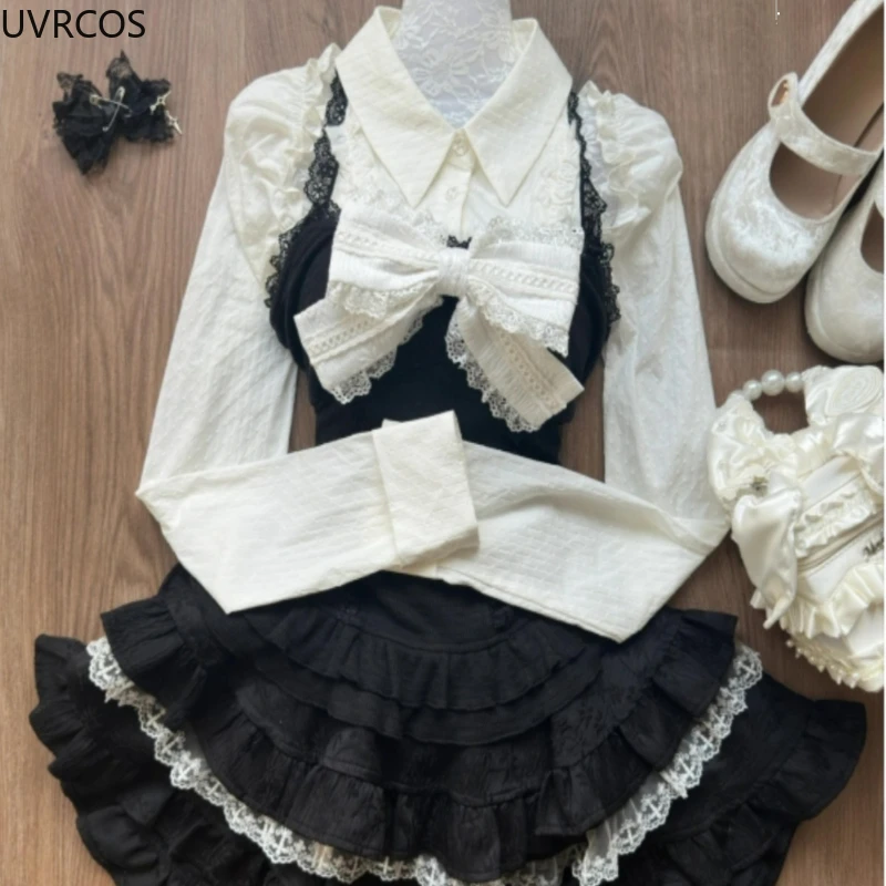 Y2k Aesthetic Lolita Style 3 Piece Set Women Kawaii White Shirt Bow Lace Vest Ruffle Mini Skirts Japan Fashion Gothic Skirt Suit 2