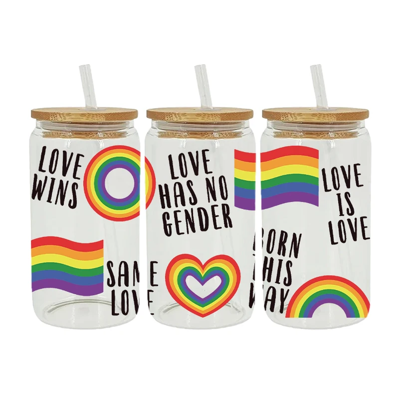 UV DTF Transfesr Sticker Pride Cup Love wins Love is love Rainbow heart LGBTQ full wrap for Libbey Glass 16oz D7302 dtf transfer sticker