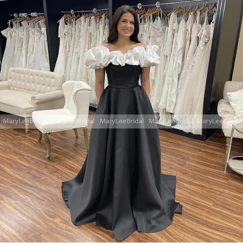 Boat Neck Black Prom Dresses With White Ruffles Simple A-Line Pocket Wedding Party Dress Long Formal Prom Gowns Robes De Soirée pink prom dress
