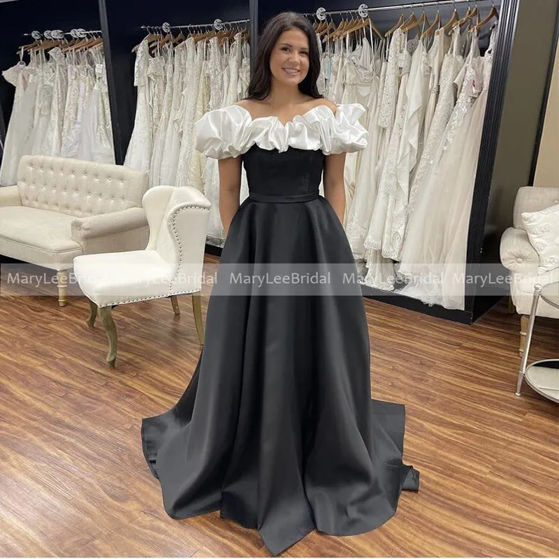 Boat Neck Black Prom Dresses With White Ruffles Simple A-Line Pocket Wedding Party Dress Long Formal Prom Gowns Robes De Soirée pink prom dress Prom Dresses